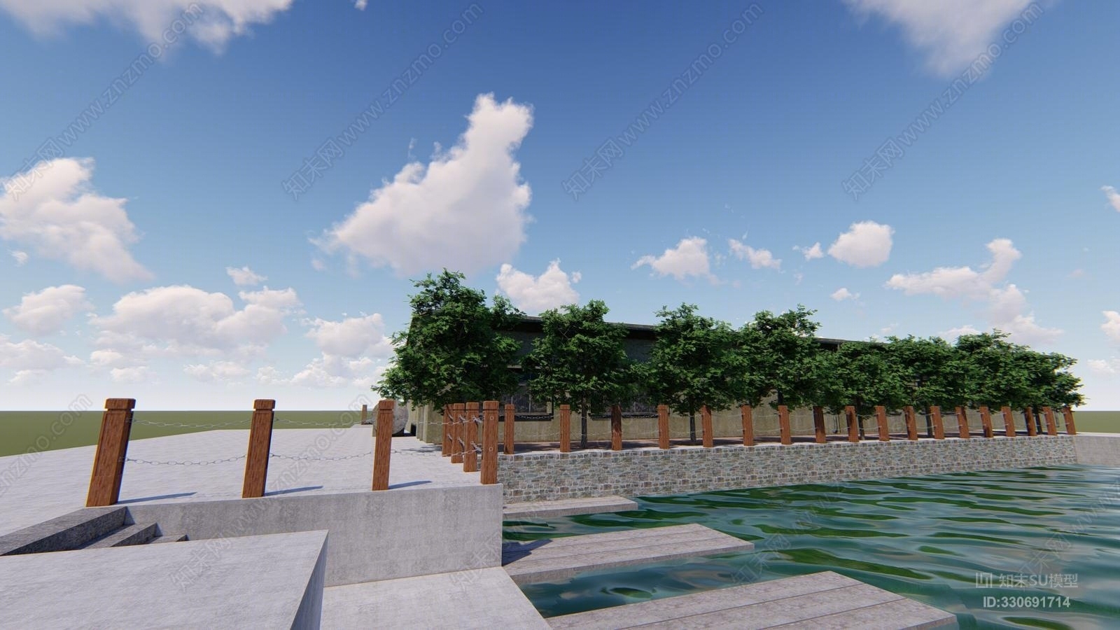 木质栏杆铁链连接SU模型下载【ID:330691714】