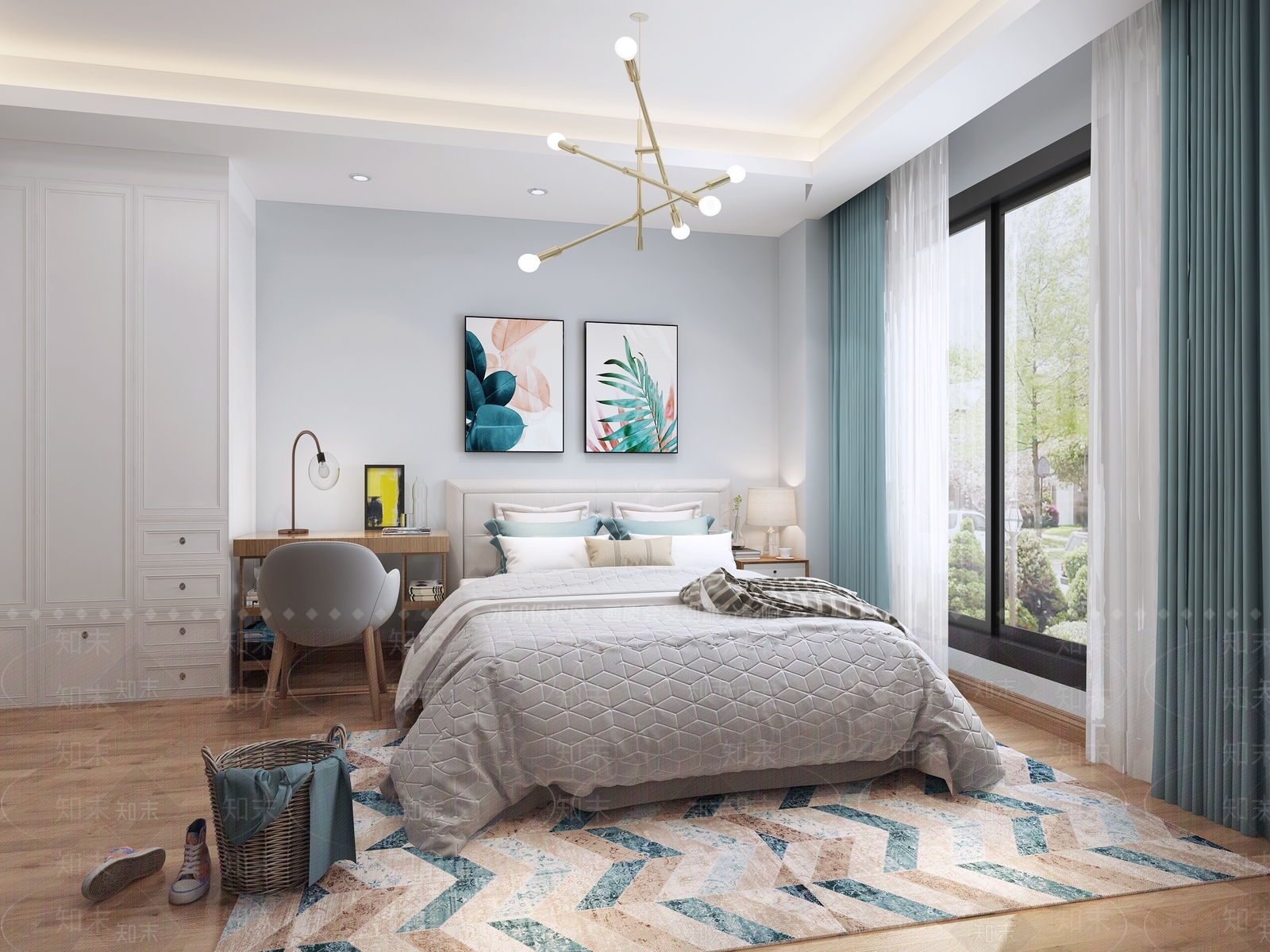 北欧卧室床灯具衣柜3D模型下载【ID:432934335】