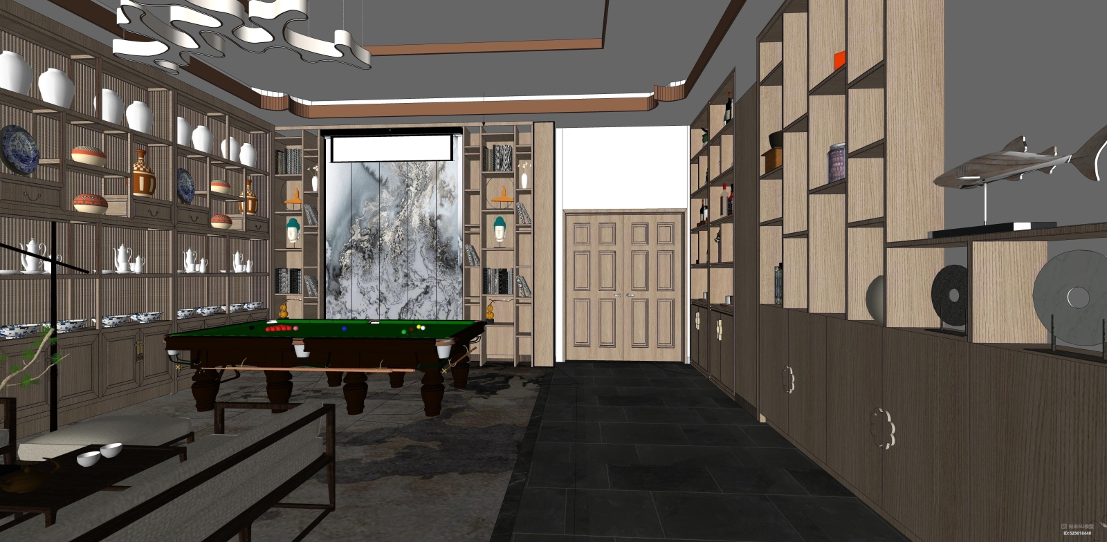 中式风格桌球室休闲室麻将房SU模型下载【ID:525618440】