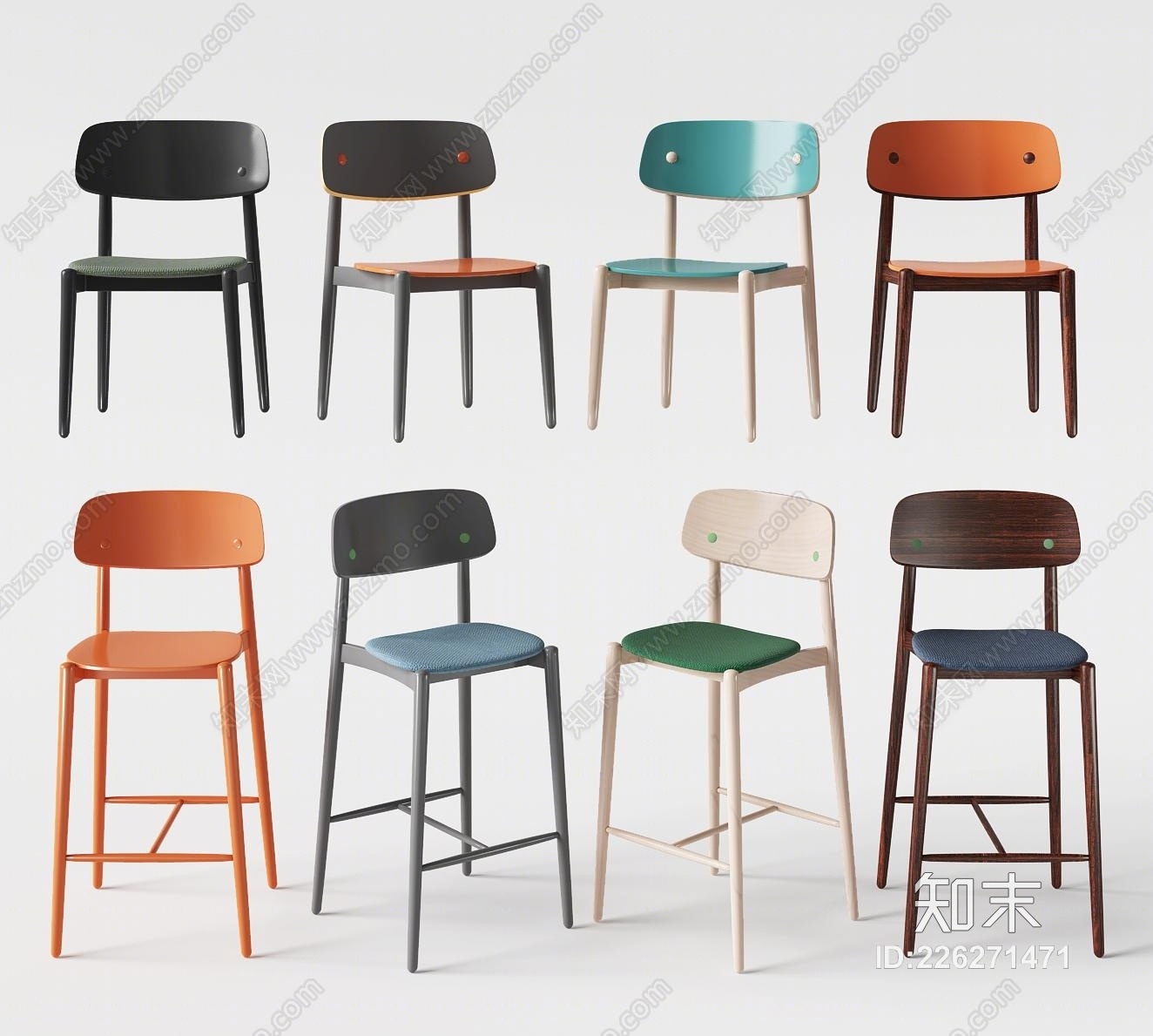 北欧木质休闲单椅吧椅组合3D模型下载【ID:226271471】