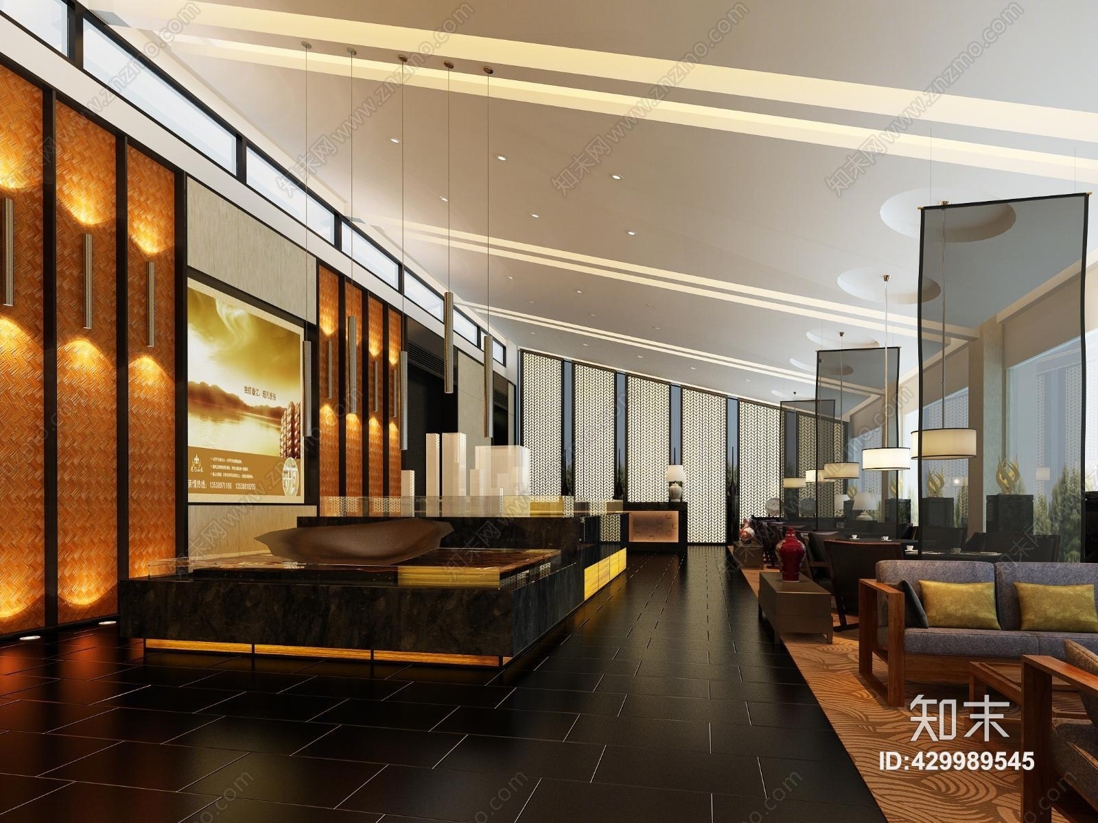 售楼处沙发吊灯前台休息区3D模型下载【ID:429989545】