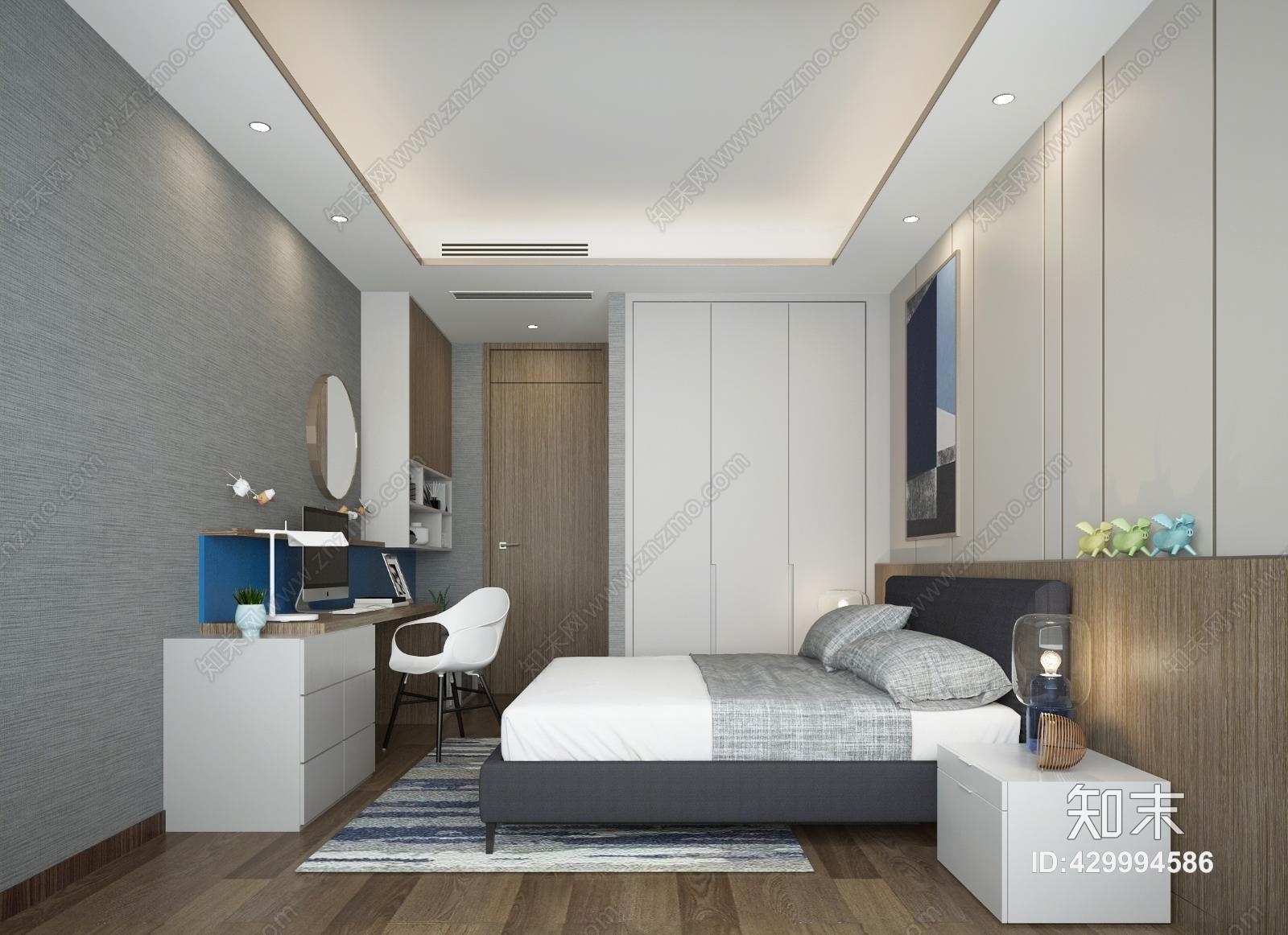 现代儿童房男孩房儿子房卧室单人房书柜书桌椅柜子书房3D模型下载【ID:429994586】