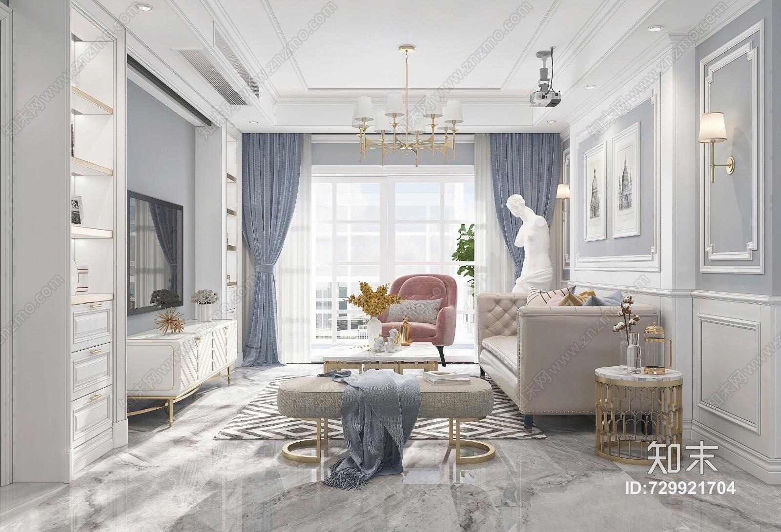 美式简美轻奢风格客餐厅3D模型下载【ID:729921704】