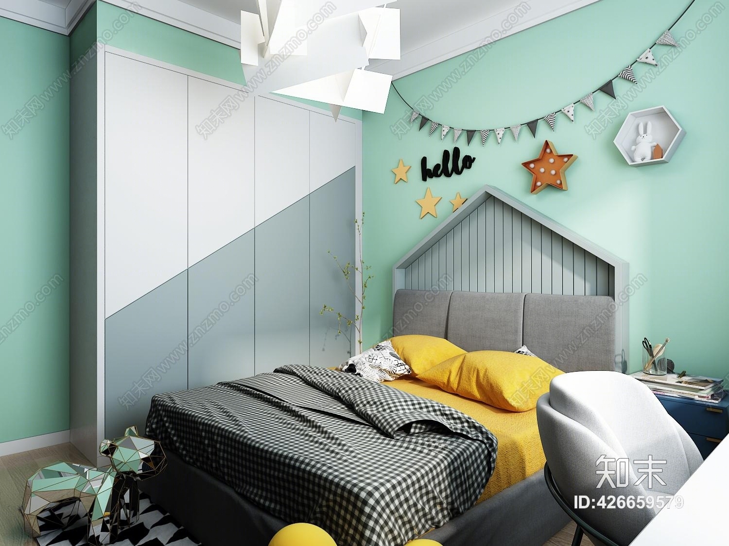 现代北欧儿童房男孩房儿童房书桌玩具衣柜3D模型下载【ID:426659579】