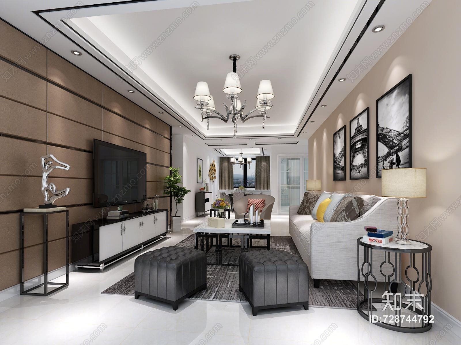 后现代客厅效果图3D模型下载【ID:728744792】