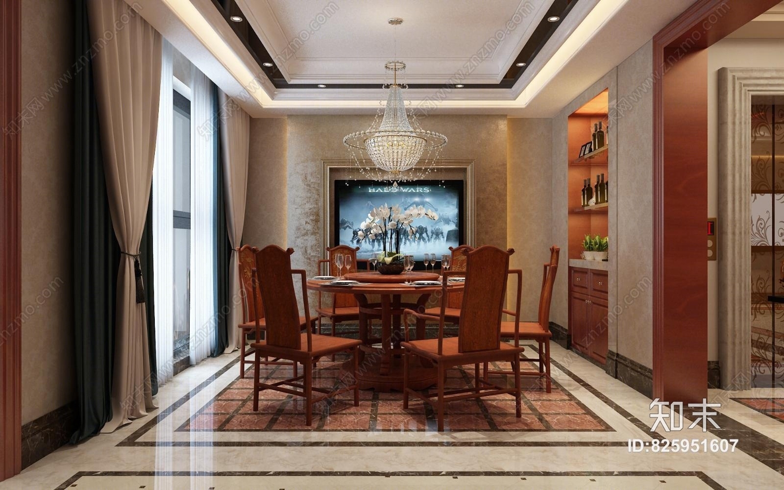 古典中式别墅餐厅3D模型下载【ID:825951607】