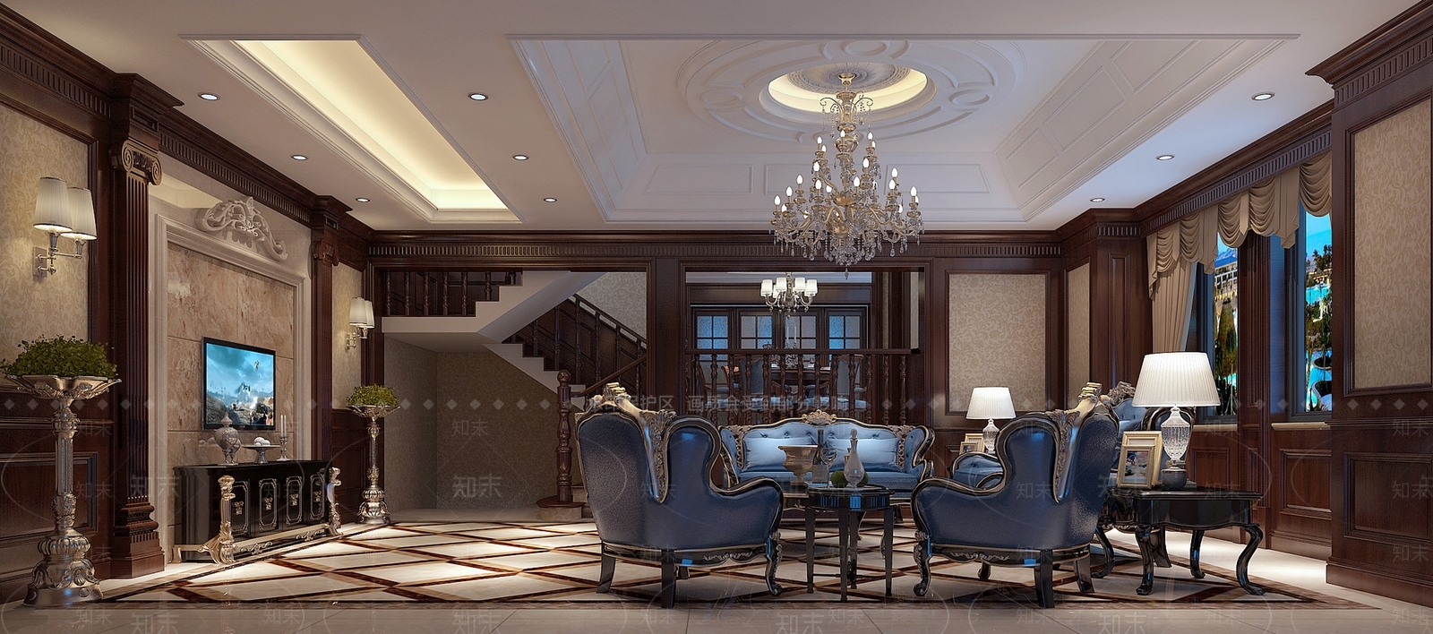 美式客厅沙发电视柜护墙板楼梯吊灯3D模型下载【ID:732732837】
