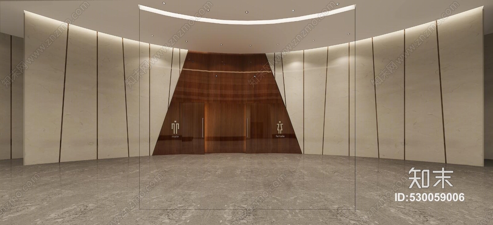 现代公共区域弧形公共卫生间造型铝格栅吊顶3D模型下载【ID:530059006】