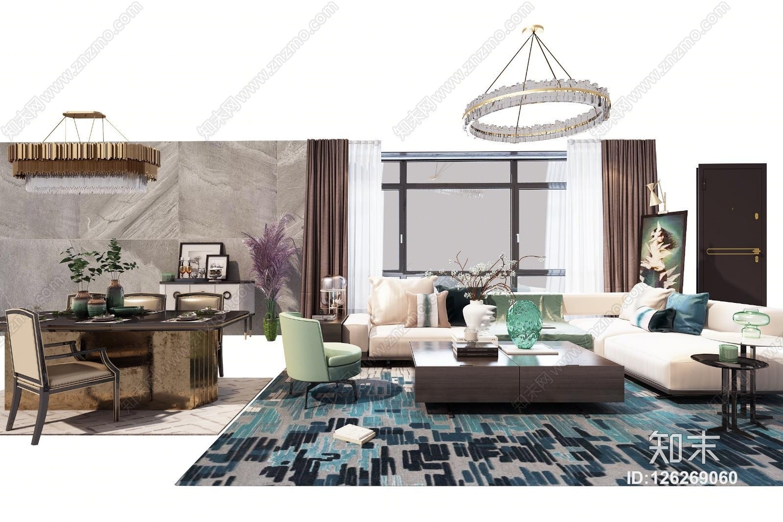 现代沙发茶几餐桌窗帘组合模型3D模型下载【ID:126269060】